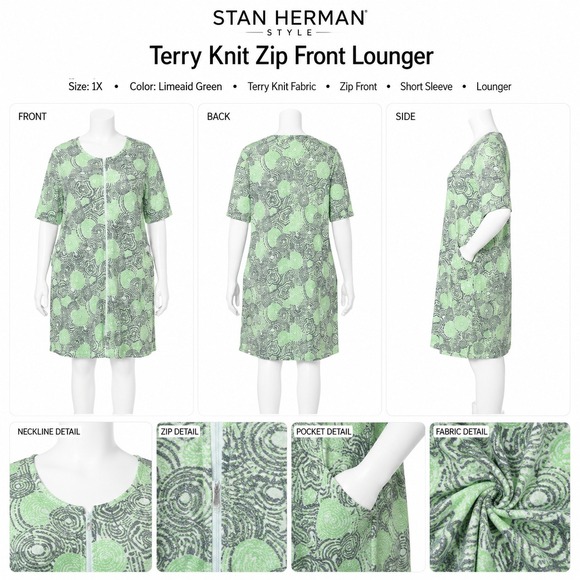 stan herman Other - Stan Herman Womens 1X Terry Knit Zip Front Lounger Limeade Green NWT A634023